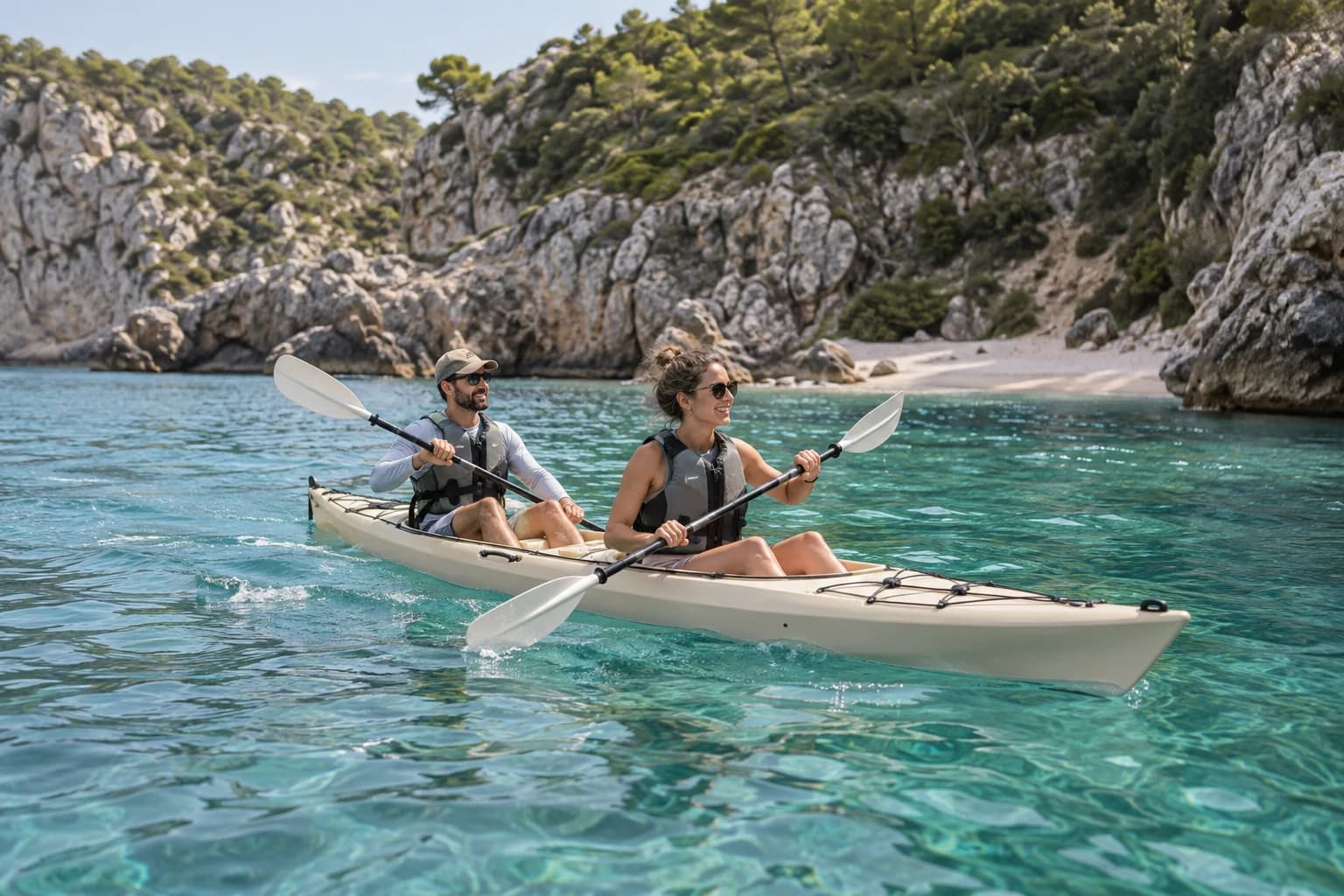 Two guests paddling a tandem kayak along a sheltered cove