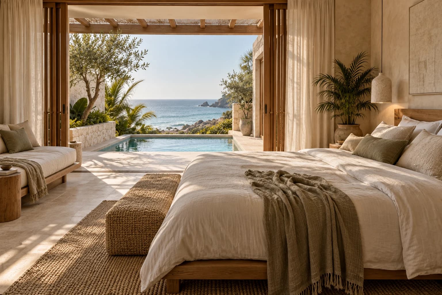 Pool Villa king bed and daybed with doors opening onto its courtyard pool