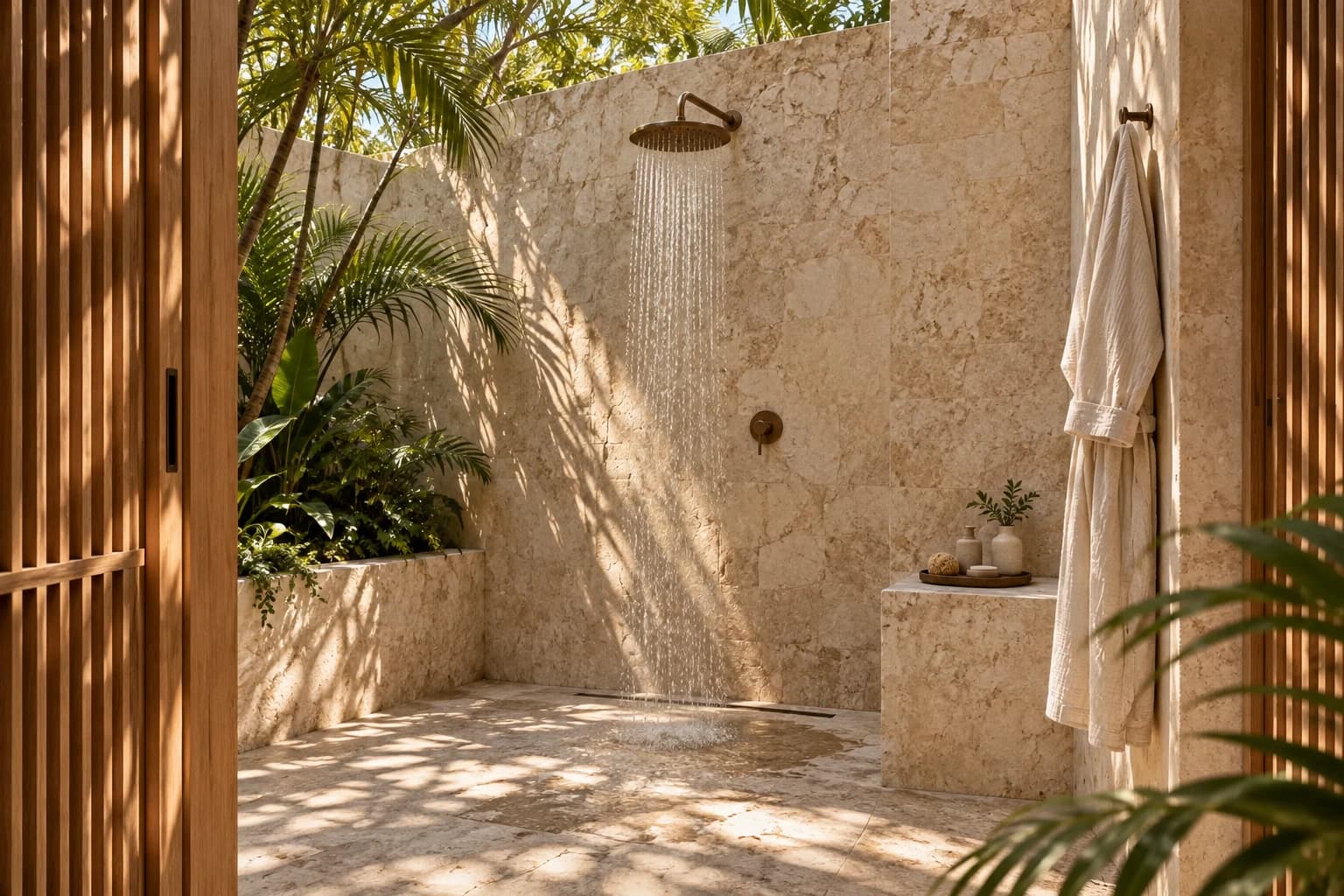 Pool Villa outdoor rain shower behind teak privacy screens