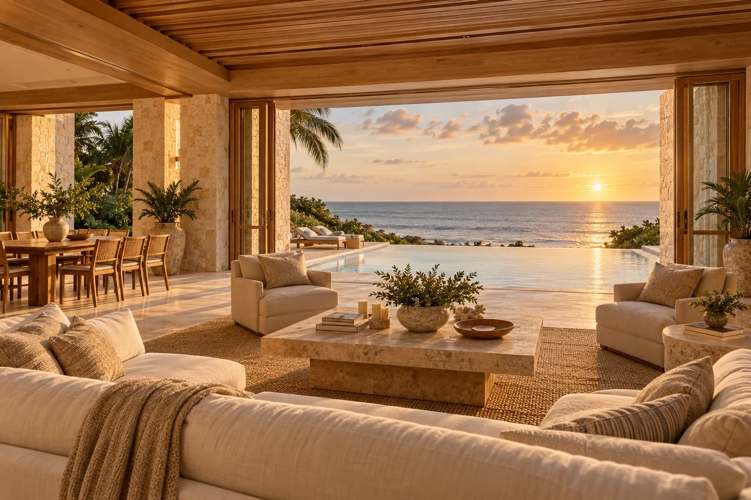 Private Residence living and dining pavilion opening onto the pool terrace