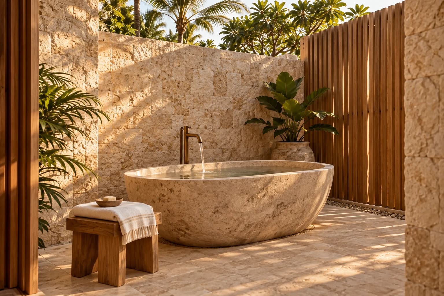 Private Residence outdoor soaking bath in a secluded stone courtyard