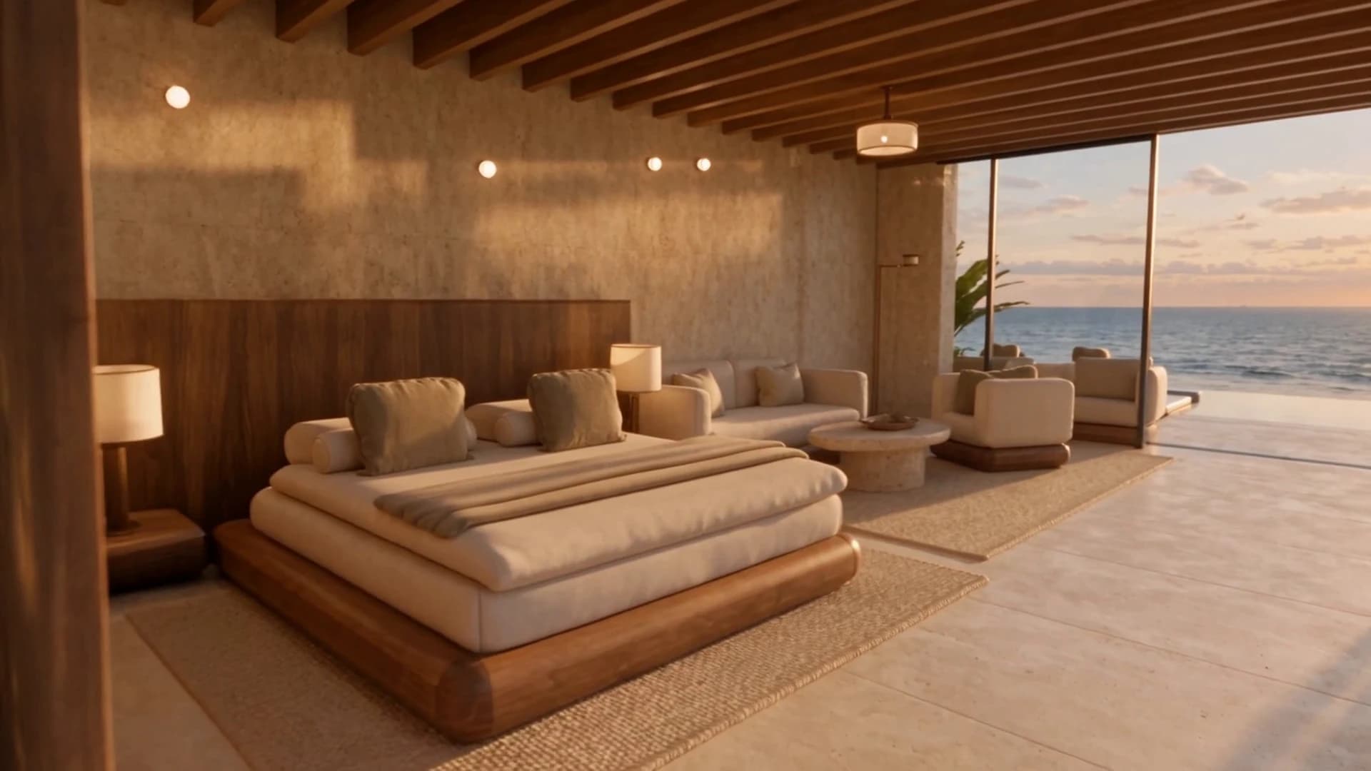 Ocean Villa king bed and lounge opening onto the sea
