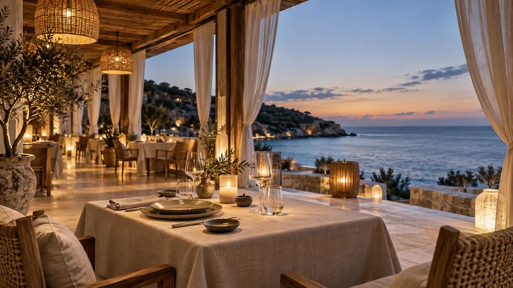 An intimate oceanfront restaurant at dusk