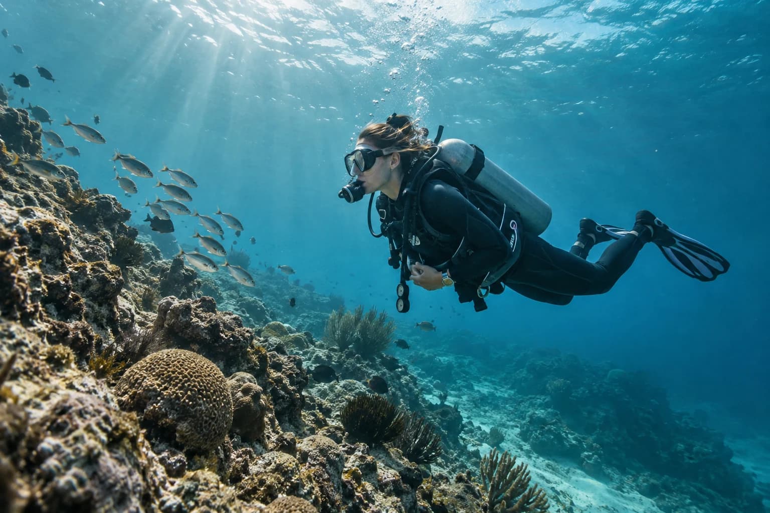 A scuba diver floating above a tropical reef, with fish and filtered sunlight