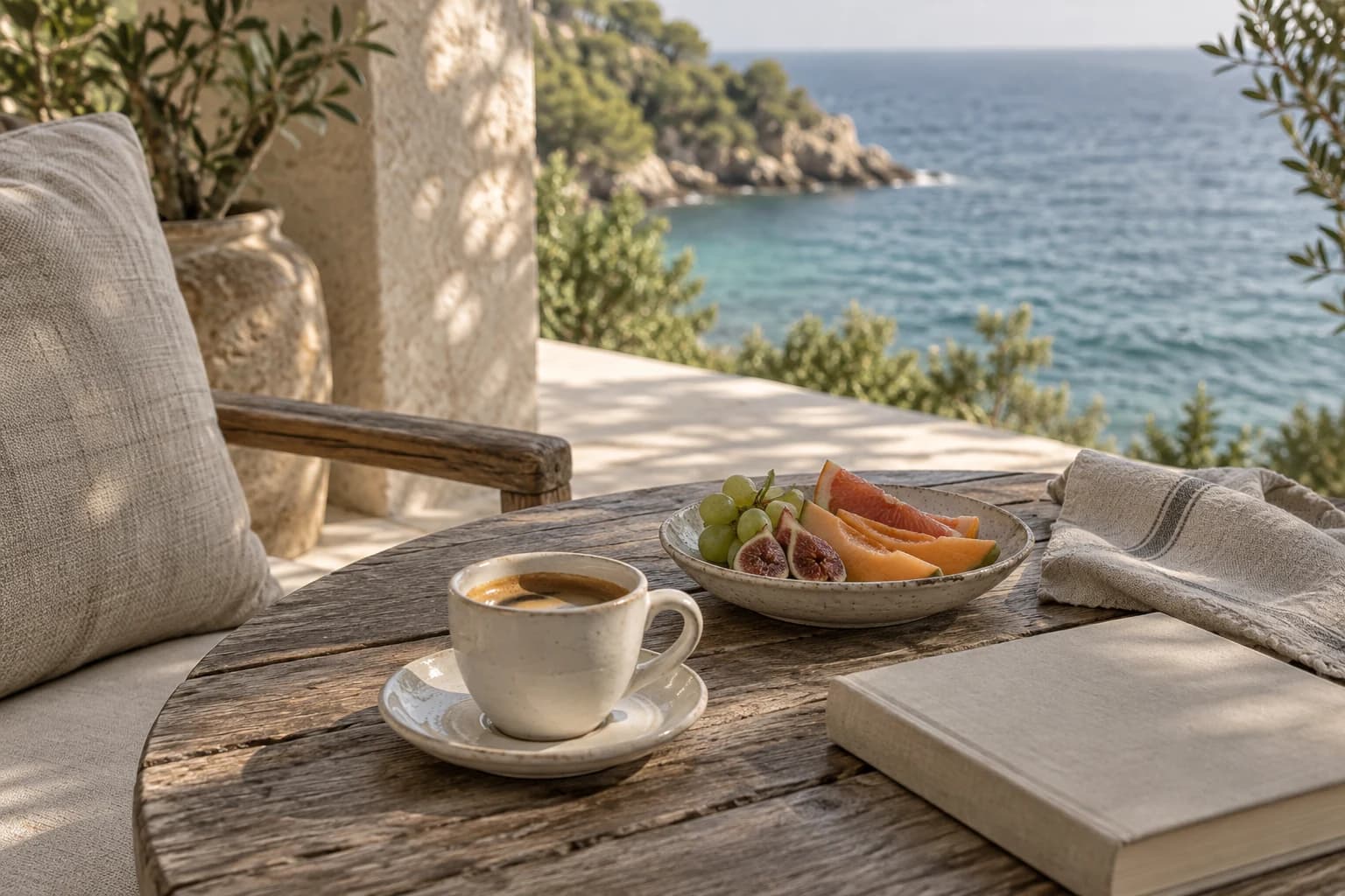 Coffee, fruit and a closed book on a shaded ocean terrace