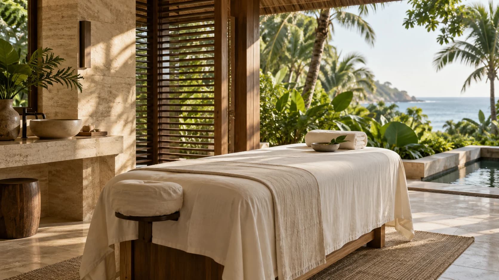 The limestone and teak wellness pavilion