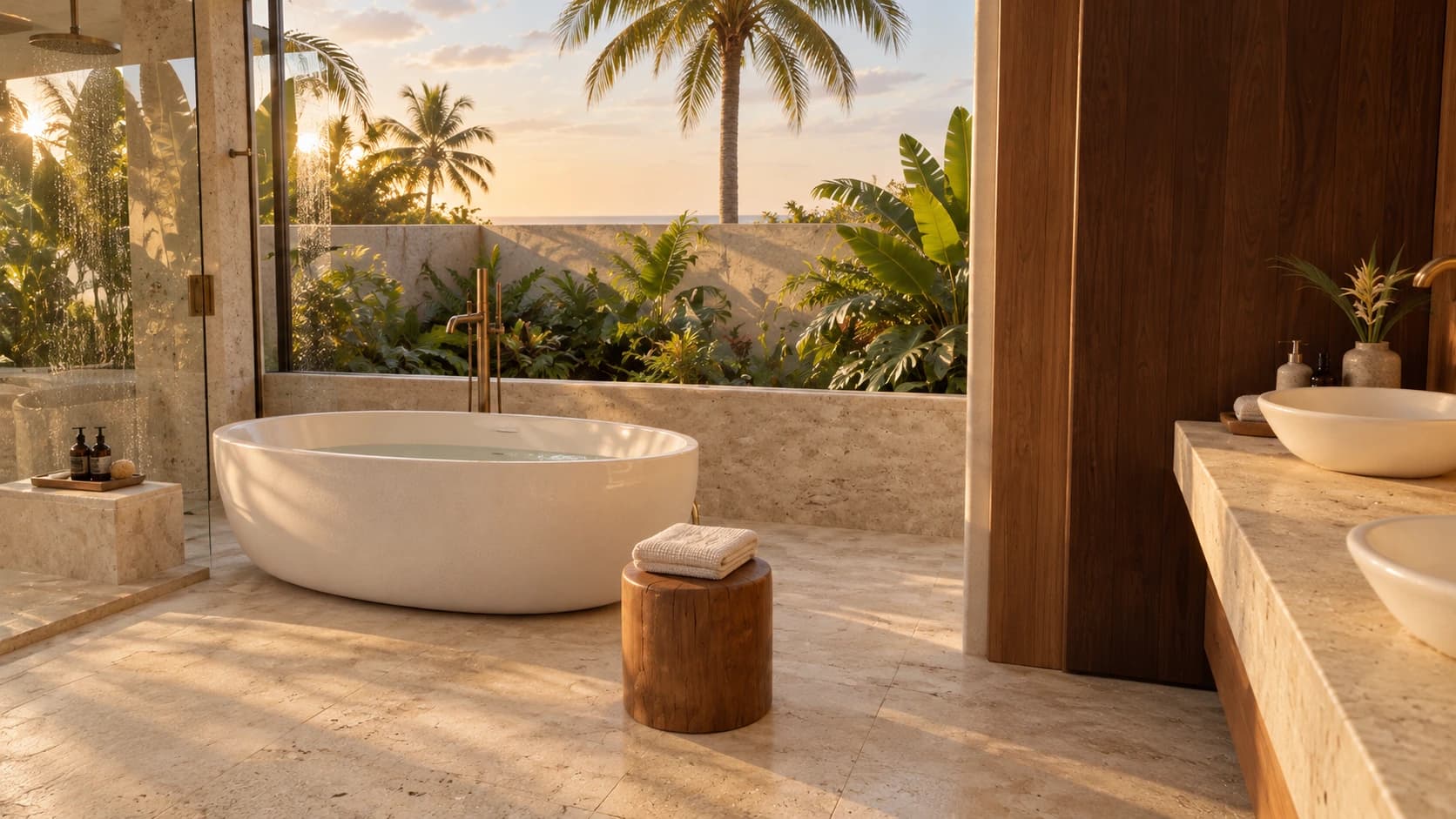 An oval soaking tub, glass rain shower and stone vanity opening onto a private tropical garden
