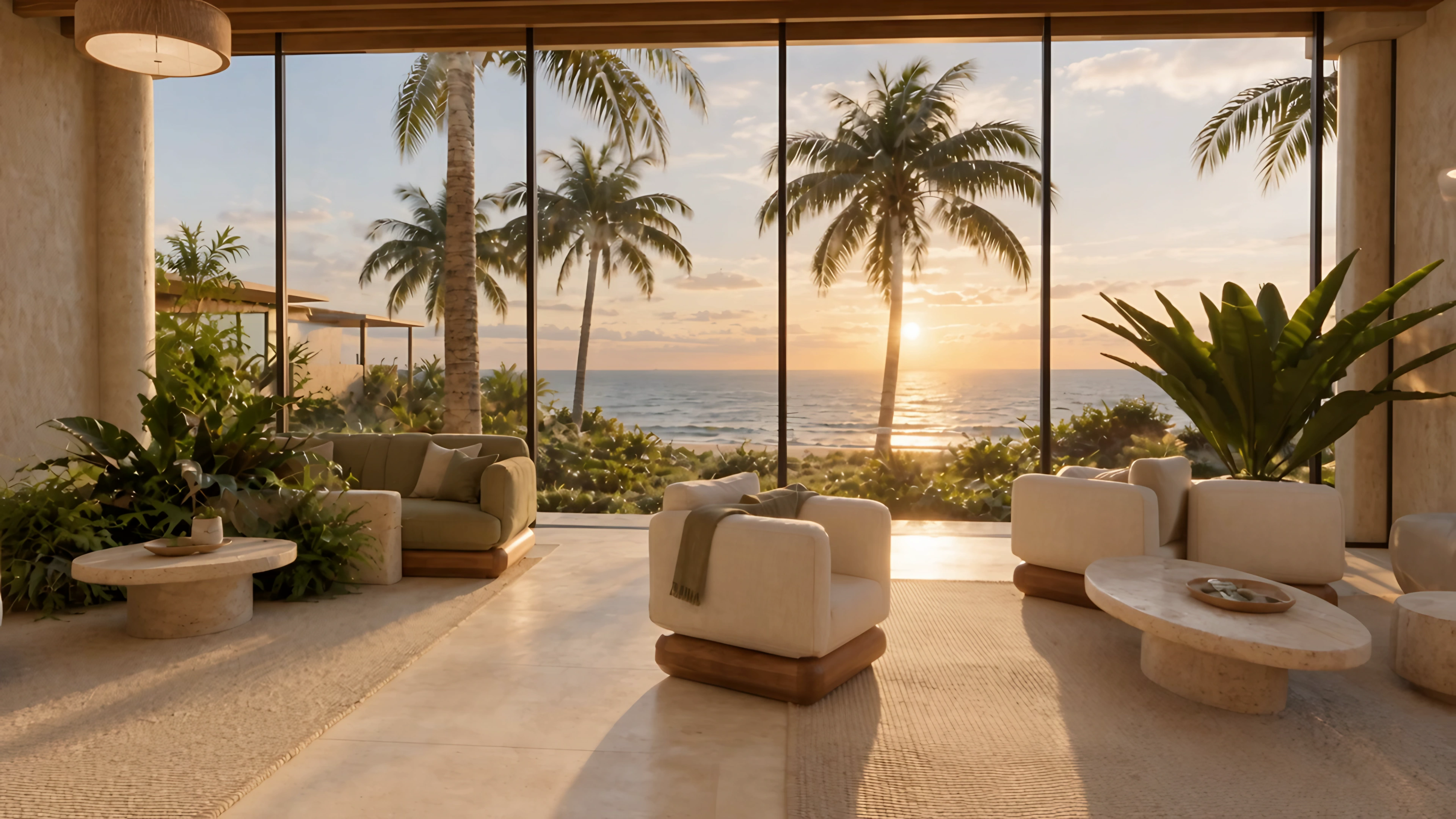 An ocean-facing lounge with warm stone, natural wood and inviting seating